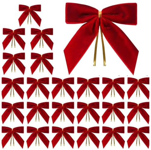 24 Stück Samt Schleifen Weihnachtsbaum, Vintage Samtband Schleifen, Kleine Weihnachtsschleifen für Christbaumschmuck, Dekorative Schleifen Weihnachten(Rot)