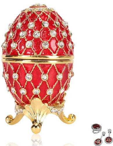 Hand Painted Trinket Box, Easter Egg Jewelry Trinket Box with Bling Rhinestones Hinged Jewelry Rings Holder Enameled Jewelry Box for Home Decor (red)