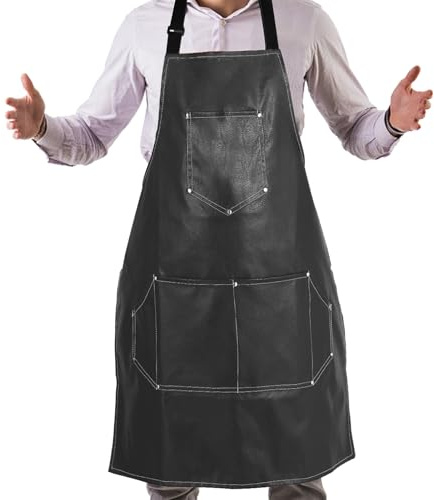TTSTOIEE Kochschürze PU Leder, Grillschürze für Männer und Frauen mit 5 Taschen verstellbar, Grill schürze für Küche, Restaurant, Cafe, Werkstattreparatur, maschinenwaschbar sein(Schwarz)