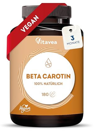 Beta Carotin Kapseln Hochdosiert & Vegan – Vorstufe von Vitamin A - Strahlende & Langanhaltende Bräune - Carotin Kapseln Hochdosiert Bräune – 100% Natürlich - Ohne Zusatzstoffe - 180 Kapseln – Vitavea