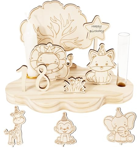 Bougeoir en Bois Anniversaire Support pour Bougie Porte Bougie Cadeau d’Anniversaire Chauffe Plat Motif Animaux 3D avec Numéro 0-9 Décoration de Table Cadeau Anniversaire