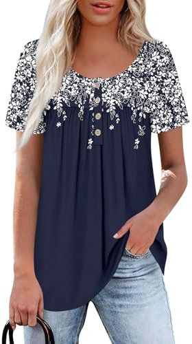 WDCHAOYUE Pullover Damen Rundhals Kurzärmlige Blusen Modern Sommer Knopf Boyfriend SPOR Pullover Für Damen Gemustert Lange Polyester Gummizug Dunkelblau