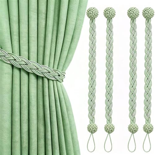 DWUENT Green Curtain Tie Backs - Set of 4, 23-Inch Decorative Curtain Holdbacks for Windows, Elegant Green Rope Design, Durable Fabric Ties for Home Decor