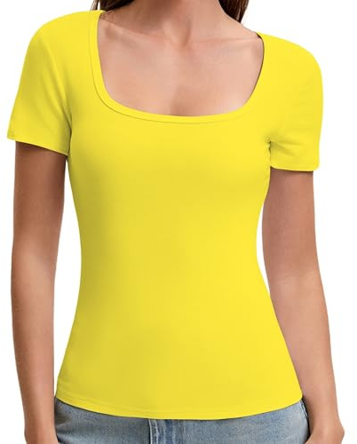 OYIGELZ Tshirt Damen Quadratischer Ausschnitt T-Shirt Eng Basic Top Einfarbig Kurzarm Shirt(Gelb-F1,XS)