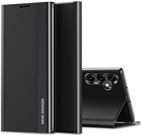 Handyhülle für Samsung Galaxy S23 Hülle S-View Flip Case Luxus Galvanisierungs Extra Dünn S23 Handytasch Case Sichtfenster Stoßfest Schutzhülle für Samsung Galaxy S23 5G (Schwarz)