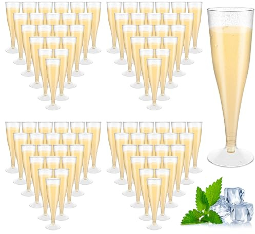 AKOLAFE Lot de 100 flûtes à champagne en plastique 160 ml - Réutilisables - Avec paillettes argentées - Sans BPA - Transparentes - Empilables - Rose - Pour mariage, anniversaire, fête