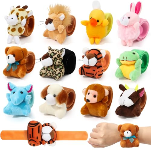 Tacobear 12 Piezas Peluches Animales Pulseras Slap, Relleno Piñatas de Cumpleaños Infantil, Regalos Cumpleaños Niños, Artículos de Fiesta de Animales, Regalos de Pascua y Navidad