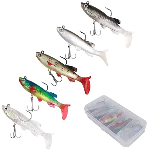 INMORVEN 5er-Set Gummifisch-Köder (2x8cm) - Premium Angelköder für Zander, Barsch & Hecht - UV-aktive Farben, aromatisiert - Ideal für Jigging & Spinnfischen (5 Stück T-Schwanz)