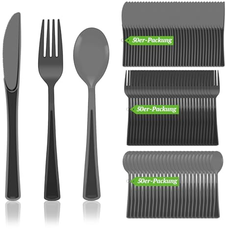 150 Stück Plastikbesteck, Enthält Plastikgabeln, Plastiklöffel, Kunststoffmesser, Plastikbesteck Wiederverwendbar Set, für Zuhause Partys (Schwarz)