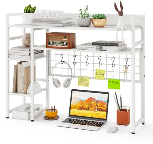 COSTWAY Schreibtischregal, Tischregal mit 4 Ablage und 6 Haken, Schreibtisch Aufsatzregal für Monitore, Bücherregal für Arbeitsplatte, Aufbewahrungsorganizer 94 x 25 x 74 cm (Weiß)