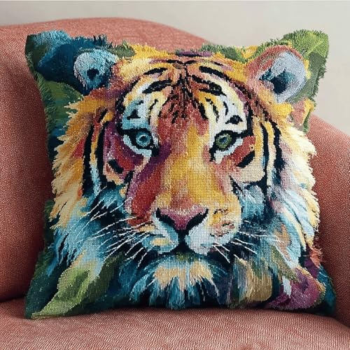 ANSIWEIGO Kit de Latch Hook Créatif pour Coussin et Tapis, 43x43cm - DIY Broderie Point Noué pour Débutants et Adultes | Loisir Antistress à la Main,Tigre à l'aquarelle