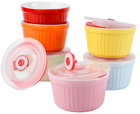 6 oz Ramekins with Covers, Souffle Dishes Set of 6, 9cm White Porcelain Creme Brulee Ramekins, Baking Cups for Pudding, Fruits, Dips, Dishwasher and Oven Safe (Multicolored)