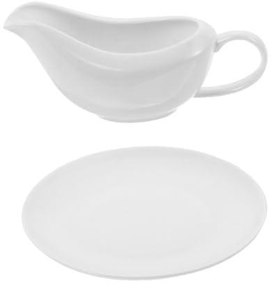 ROMISBABA Saucière Porcelaine Blanche avec Bec Verseur Ergonomique Soucoupe pour Sauces Vinaigrettes et Condiments Set de Service Pratique pour Table