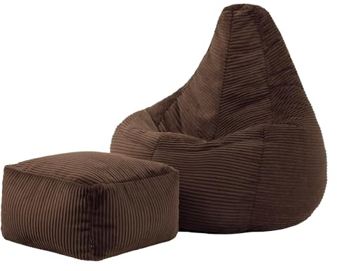 Icon Dalton Sitzsack mit Hocker Cord, Braun, Gaming Sitzsack Erwachsene mit Füllung, Bean Bag, Cord Sessel, Lounge Sessel, Lounge Stuhl, Schlafzimmer, Wohnzimmer, Wohnzimmer Möbel