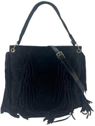 MODELISA - Bolso Shopper De Hombro Grande Con Flecos Correa Ajustable Estilo Boho Para Mujer (Negro)