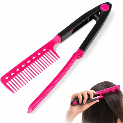 Hair Straightening Comb Haircut Anti-static V Shape Comb Clip Clamp Hairdressing Styling Tools(Rose Red)