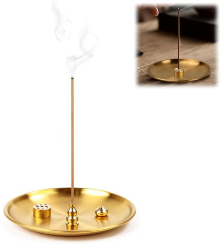 Porte Encens 4 en 1, Support Encens Baton, Bruleur Encens en Laiton,avec Récupérateur de Cendres de 14CM pour Salle de Yoga, Salle de Méditation, Salon