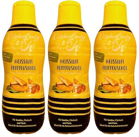 Airfryer & Heißluftfritteusenöl – 3×750 ml – Buttergeschmack – Flüssige Pflanzenöl-Zubereitung für fettarmes Braten von Gemüse, Fleisch & Fisch. KitchenCrazy!
