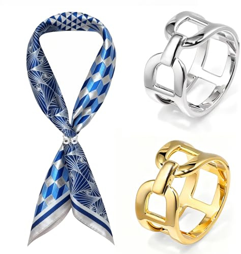 2 PCS Women Scarf Ring, Scarf rings Elegant Silk Scar f Clasp Clips Clothing Wrap Holder Triple Sliding Neckerchief Clamps Decorate Accessory for Women Girls Decorative (Silver+Golden)