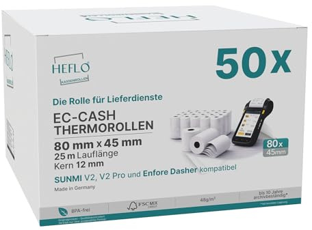 50 Thermorollen 80 mm x 25 m lang – Ø 45 mm – BPA-frei – Kassenrollen für Lieferdienste und POS-Drucker, kompatibel mit Sunmi V2s und Enfore Dasher (50)