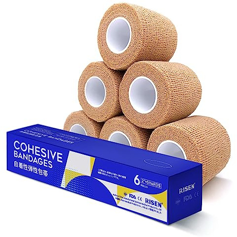 RISEN Cohesive Bandage 2” x 5 Yards, 6 Rolls, Self Adherent Wrap Medical Tape, Adhesive Flexible Breathable First Aid Gauze Ideal for Stretch Athletic