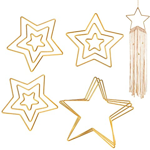 Gukasxi 12 Stück Gold Metallring Makramee Floral Hoops Ringe Kranz für Kranz Hochzeit Dekor, Traumfänger und DIY Handwerk Basteln (Gold Stern)