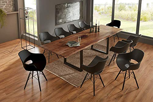SAM 11tlg. 200 (300) x 100 cm Adina, Akazienholz nussbaumfarben & massiv, Baumkantentisch mit 2 Ansteckplatten, U-Gestell schwarz + 10x Schalenstuhl Lea schwarz