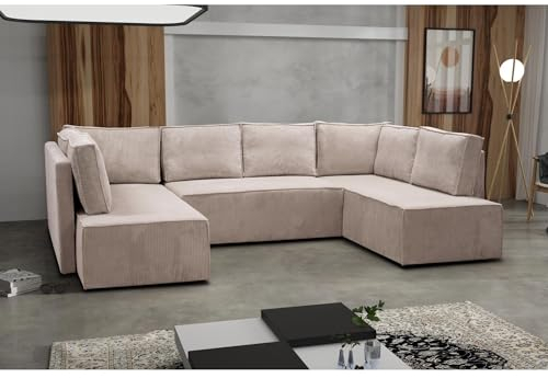 Beautysofa - Ecksofa mit Schlaffunktion - Sofa mit praktischer Aufbewahrungsbox - Sofa aus geripptem Veloursstoff POSO - Relaxsofa für das Wohnzimmer - 300x195x90cm - Dunkelbeige (Poso02)