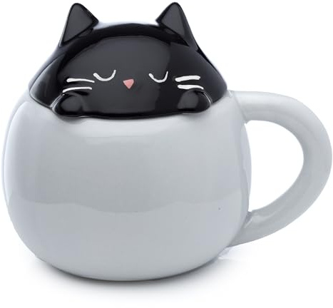 Puckator Tazza in Ceramica con Coperchio Sagomato - Gatto - Feline Fine