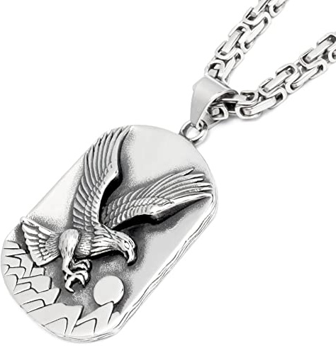 Schmuck-Checker XL Adler DogTag mit Königskette aus 316L Edelstahl Vogel Berge Sonne große Plakette silber poliert Männer Geschenk Halskette