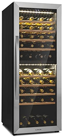 KLARSTEIN Cantinetta Vino, Cantinetta Vino Refrigerata a Zona Doppia per Interno/Esterni, Frigo Bar, Cantina Vino con Vetrina, Mini Bar con Protezione UV, Frigo Vino Touch, 5-20°C, 77 Bottiglie