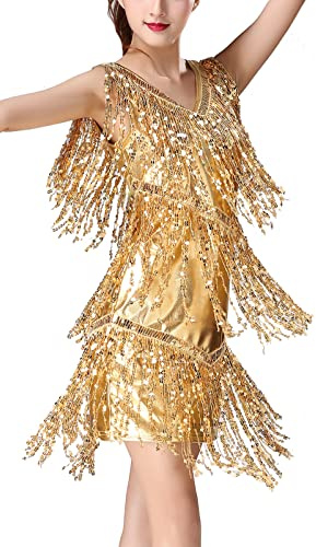 FEOYA Femme Robe à Paillettes Frangée Costume de Danse Latine Robe Gatsby sans Manche Charleston Zumba Rumba Chacha Robe Soirée Cocktail Club Or L