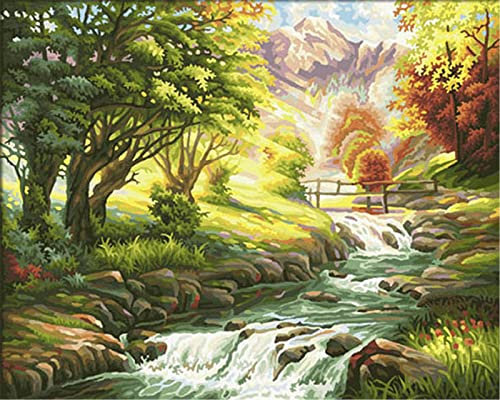 Wald-Fluss-Landschaft Malen nach Zahlen,DIY Handgemalt Ölgemälde Malerei auf Leinwand Kinder Anfänger Malsets mit Pinseln Acrylic Paintby Numbers Kits Haus Wand Decor Geschenk 50x65cm Ohne Rahmen