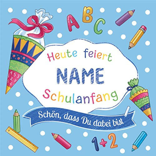 60 Servietten Schulanfang mit Name personalisierbar als Tischdeko zur Einschulung | individuell für Jungen und Mädchen | Farbauswahl | Deutsche Produktion 33x33cm (60, Blau)