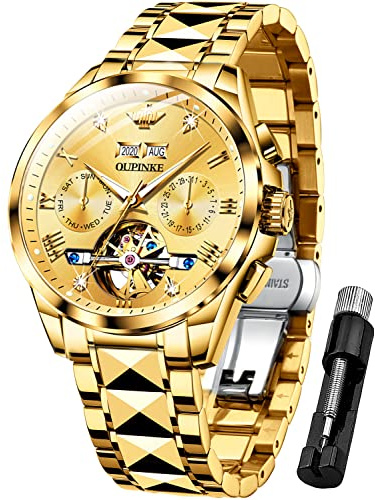 OUPINKE Herrenuhr Automatik Mechanische Armbanduhr mit Mondphase Wasserdicht Luminous Tag Datum Zweifarbige Edelstahlarmband