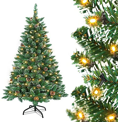 Aufun Weihnachtsbaum künstlich mit Beleuchtung, 120cm Tannenbaum künstlich mit Schnee und Kiefernzapfen, Edeltanne Schnellaufbau, inkl. Christbaum Ständer