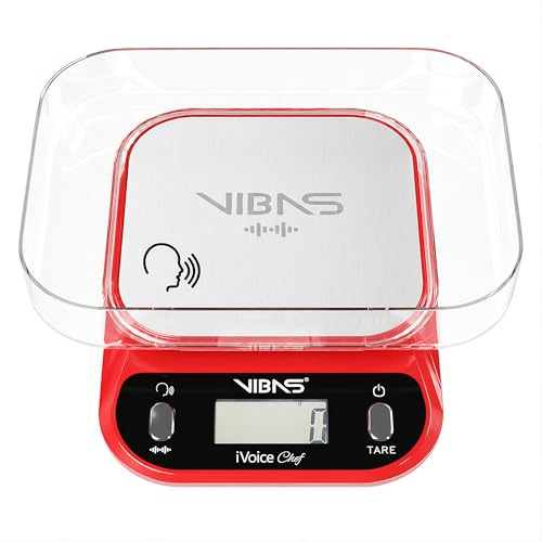 Bilancia da Cucina Parlante VIBAS iVoice Chef con Ciotola, per Non Vedenti e Anziani, 5 Lingue, Ausili Sonori, Ripetizione Peso, Volume Regolabile, Portata 10 kg/22lb, Batterie Incluse