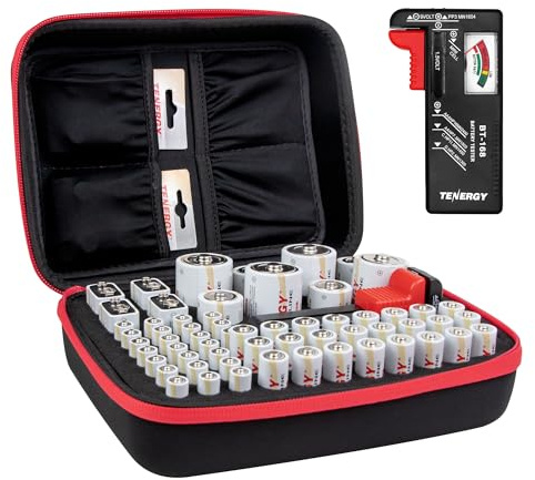 Tenergy Battery Organizer Storage Case with Battery Tester, Holds 60 Batteries AA AAA C D 9V (Batteries not Included)