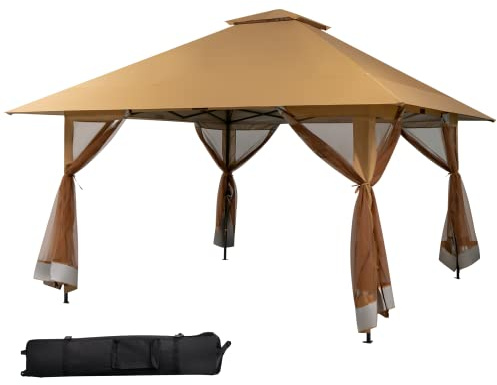 SPOTRAVEL 4 x 4M Garden Gazebo, Pop Up Canopy Marquee Party Tent with Mesh Sidewalls, Double Roofs and Carry Bag, Outdoor Pavillion Patio Shelter for Wedding Camping Event (Khaki)