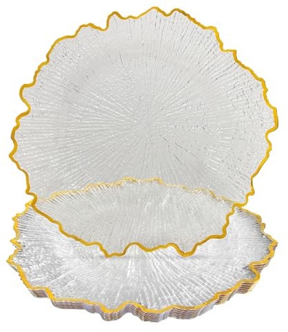 CN JIAHE 13inch Clear Acrylic Reef Gold Rim Charger Plates Set of 8 , for Dinner , Wedding , Party , Event Decoration.