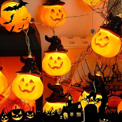 Qillnyy Catena luminosa decorativa per Halloween, 4 m, 20 LED, arancione, zucca, colore nero, IP65, impermeabile, per Halloween, feste, camere, giardino