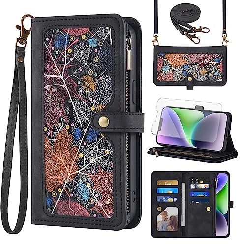Phone Case for iPhone 14 6.1 inch Wallet Cover With Screen Protector Crossbody Wrist Strap Leather Flip Pattern Zipper Credit Card Holder Stand Cell iPhone14 5G i i-Phone i14 14Case Women Men Black