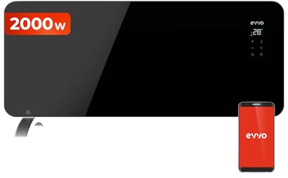 EVVO C Radiatore Elettrico Basso Consumo di Vetro Nero 2.000 W, Wifi, Termostato Regolabile, Google Home Alexa, Telecomando, Timer, Supporto Piedi, Silenzioso, Perfetto come Riscaldatore da Bagno