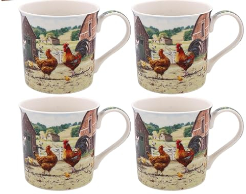 Lesser & Pavey Tassen mit Hahn- und Henne-Motiv, 4er-Set, Keramik-Kaffeetassen-Set für Zuhause oder Arbeit, hochwertiges Design-Tassen-Set für alle Gelegenheiten, schöne Tassen für Tee, Kaffee und