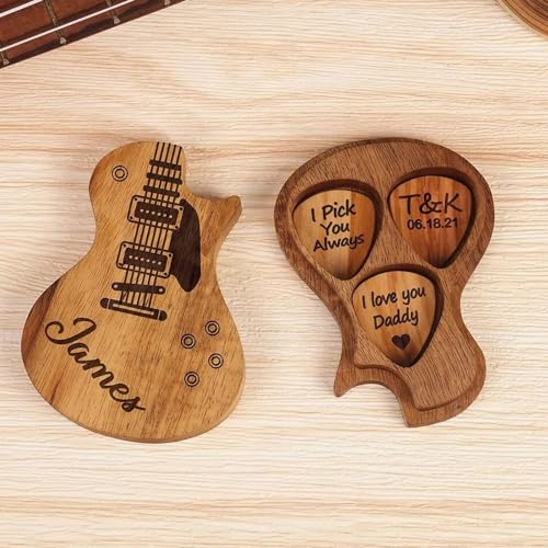 Personalisierte Gitarrenholz Picks Box Mit Eingraviertem Namen/Text, Plektrenhalter Mit 3 Stück Holz Plektren,personalisiertes Geschenk Für Ehemann, Papa, Freund, Sohn, Freunde