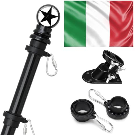 TALITARE 150cm Kit Asta della Bandiera in Alluminio Nero con Kit di Supporto per Asta in Acciaio Inossidabile, con Anelli Girevoli con Tazza a Pentagramma Include Bandiera Italien