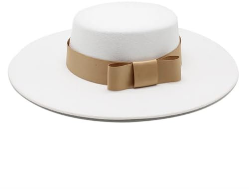 Pegsmio Fedora-Hut mit flacher Oberseite, für Herbst und Winter, 10 cm Krempe, Bankett, eleganter Filzhut, Hochzeitskleid, weiß, 6 7/8/7 1/8