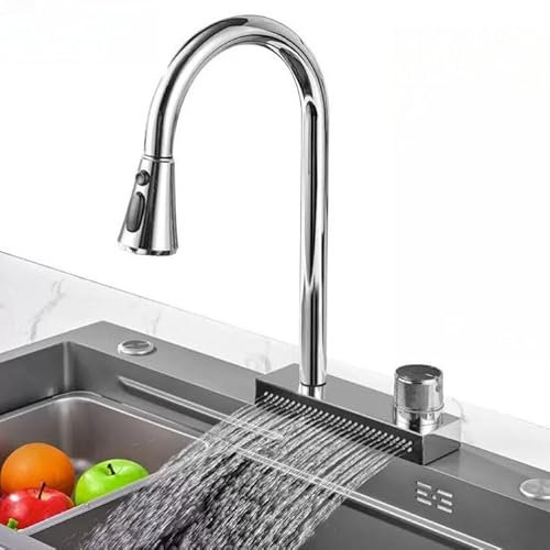 ZYCDP Spülenarmatur Küche Ausziehbar Küchenarmatur Edelstahl Flying Rain Wasserfall, Einhebelmischer Wasserhahn Schwenkbar Küche Chrom