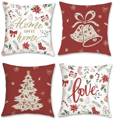 Bonhause 4er Set Kissenbezüge Weihnachten Rot 45 x 45 cm Weihnachtsbaum Glocke Blätter Blumen Dekorative Kissenhülle Zierkissenbezüge für Sofa Schlafzimmer Zuhause Winter Dekoration