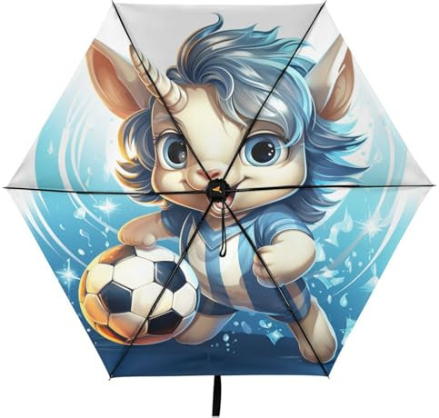 Linnyio Blaues Süßes Sport Cartoon Einhorn Taschenschirm, UV-Schutz, Kompakter Reiseschirm, Sonnenschutz für Jungen und Mädchen
